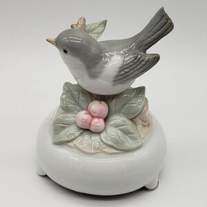 Vintage Porcelain Grey White Bird on Branch Flower Music Box - Plays "Memory"